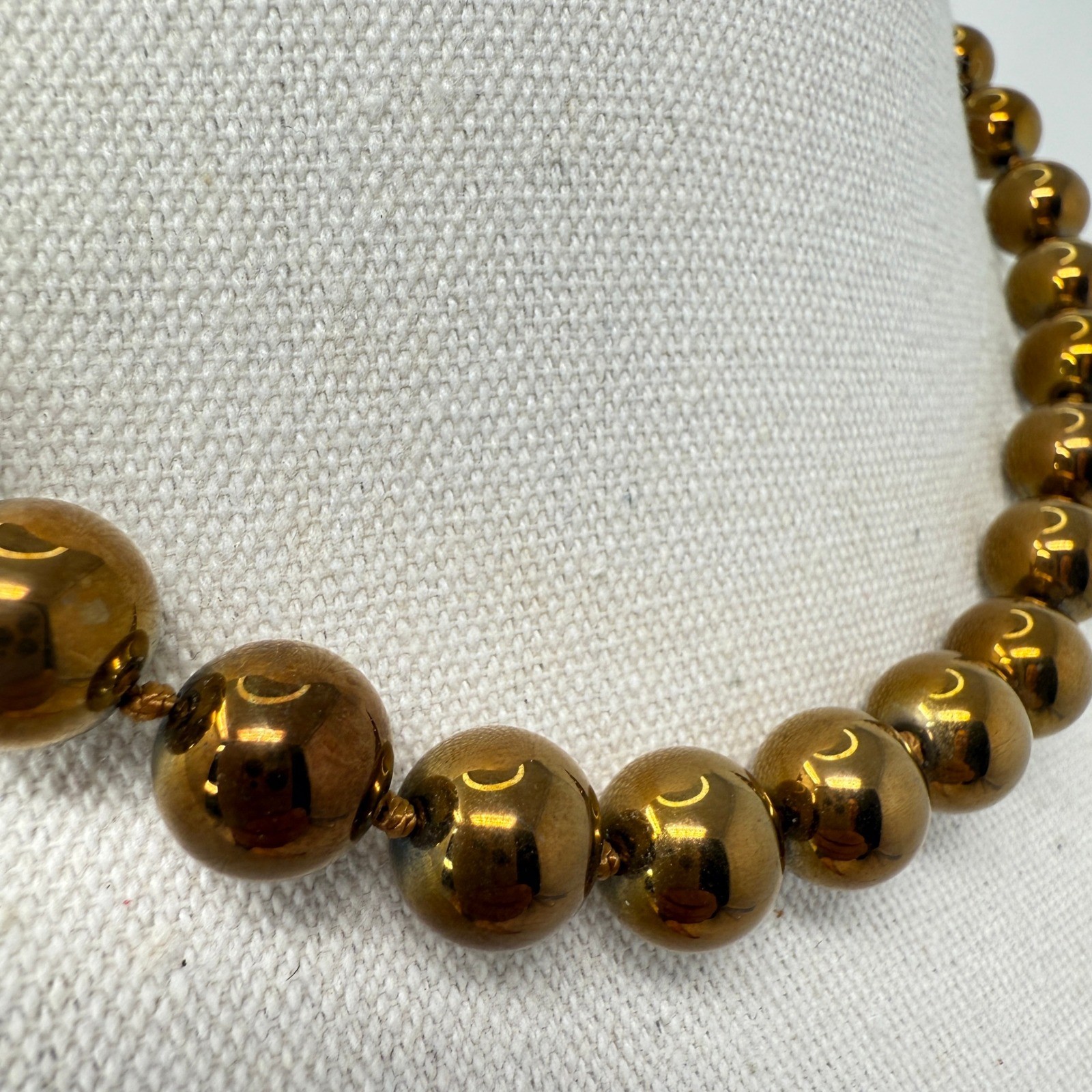Metal Beaded Necklace Heavy Bronze Tone Knotted Sterling Clasp Statement