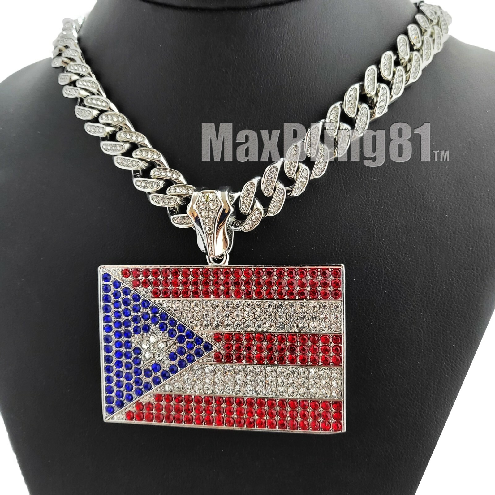 Puerto Rico Flag Bling Pendant 16″ 18″ 20″ 24″ Iced Cuban Chain Hip Hop Necklace