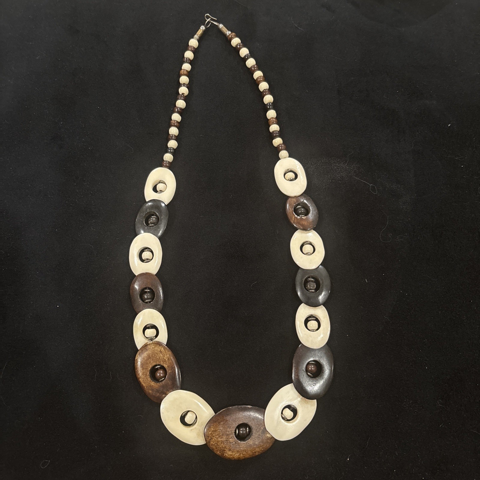Wood & Bovine Bone Material Bead Necklace 26” Tribal Boho Statement Brown