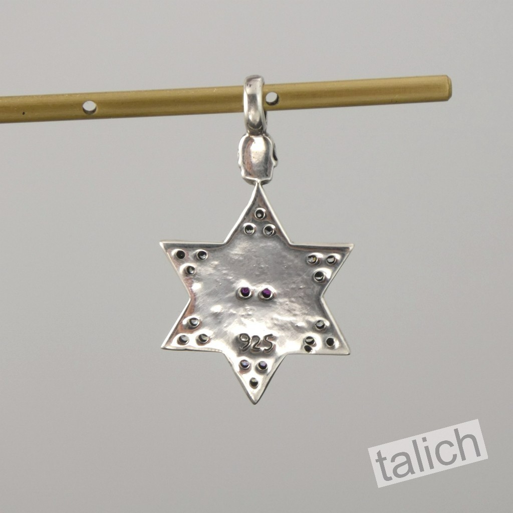 Shiny 925 Sterling Silver Six Pointed Star with Pink CZ Eye Skull Amulet Pendant
