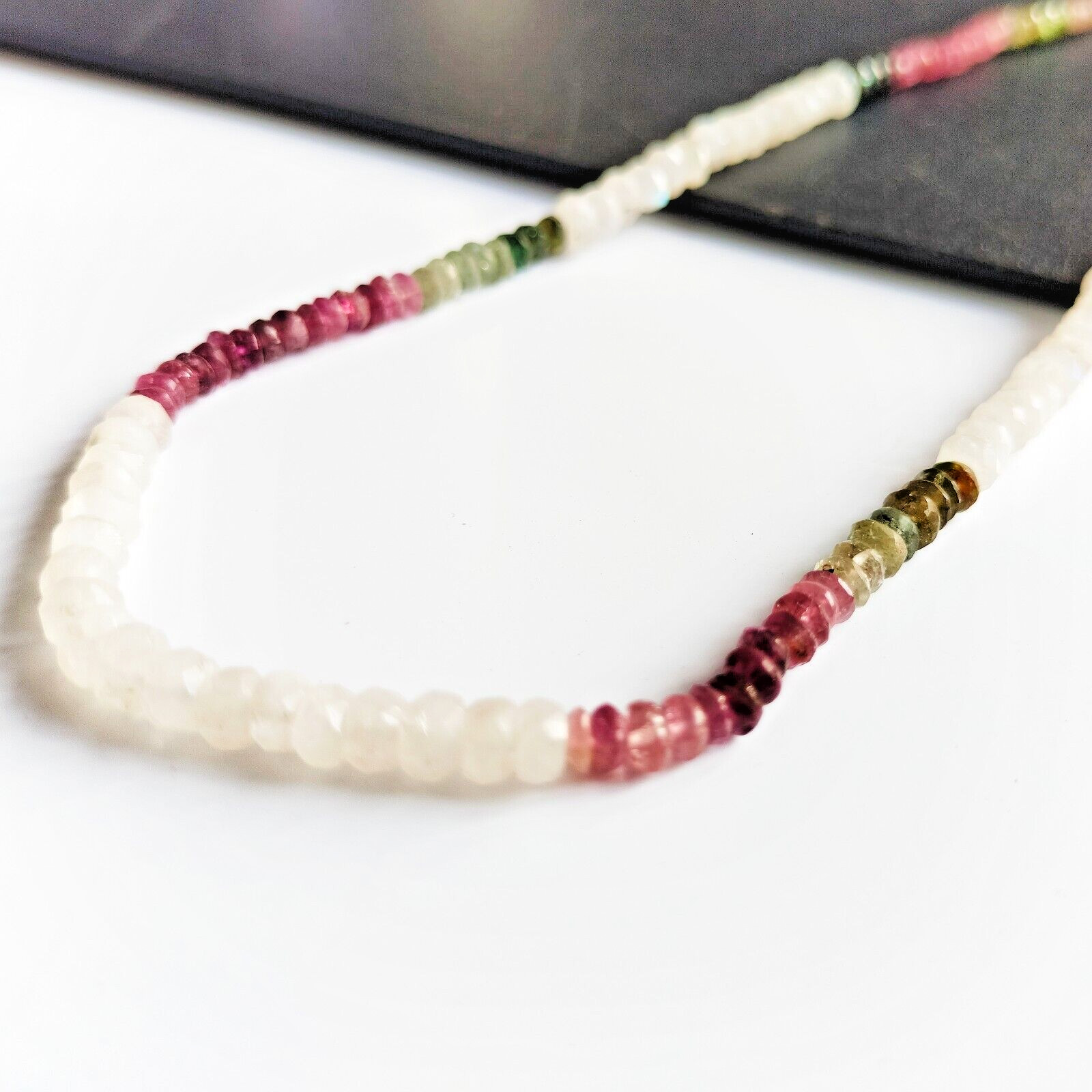 Multi Turmuline & Moonstone Beads Necklace 18 inch Long , 55 cts Gift for Mom,