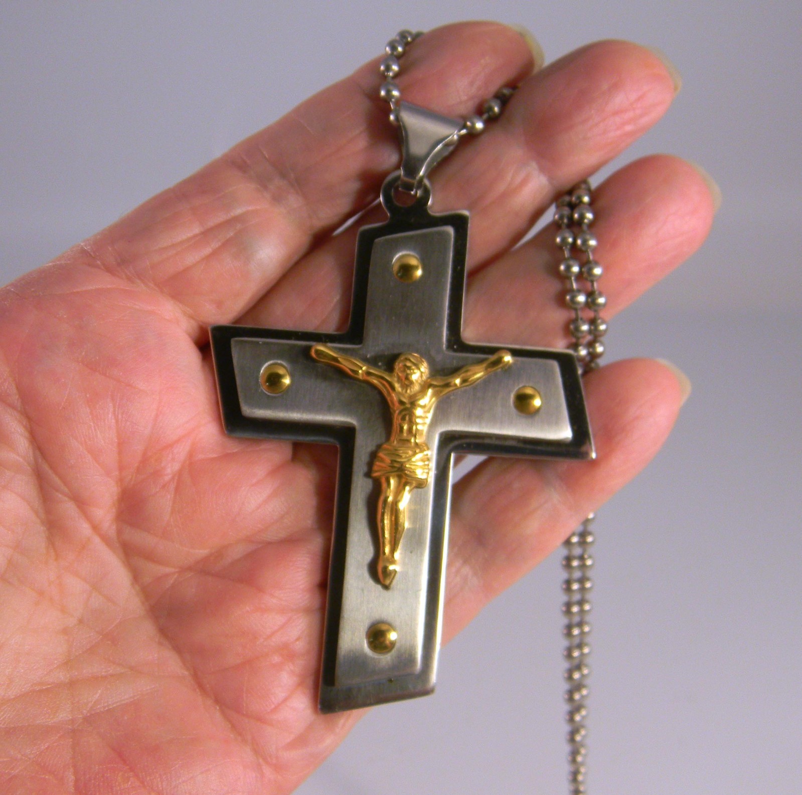 Large Stainless-Steel Cross Crucifix Pendant Necklace with Gold Tones