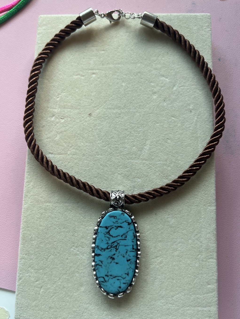 Atterri Cord Necklace Adjustable 16” – 19” Faux Turquoise Pendant Statement H3