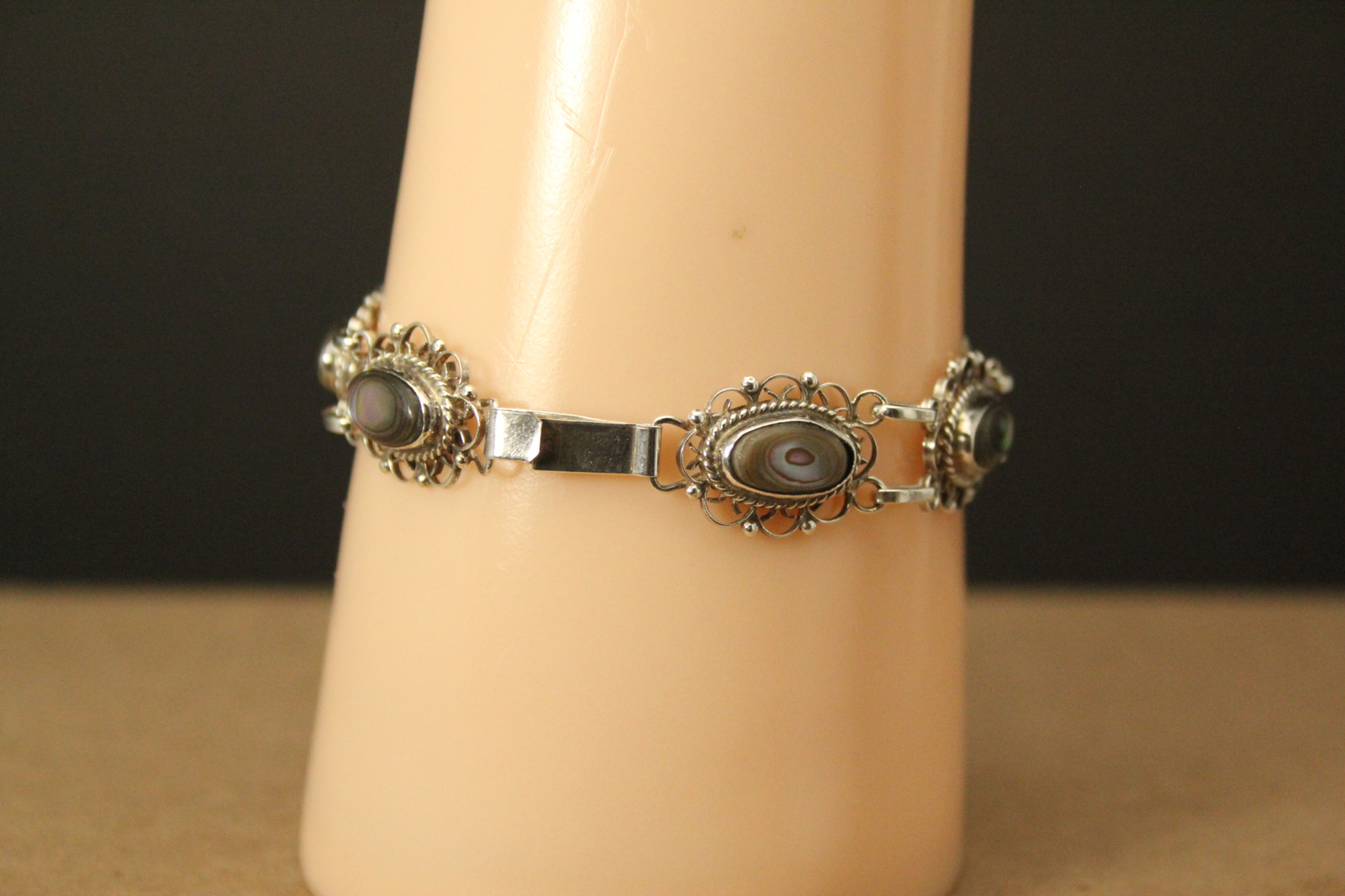 Paua Shell Ornate Link 925 Sterling Silver Bracelet 6.5″ 11.8 Grams (BR5349)