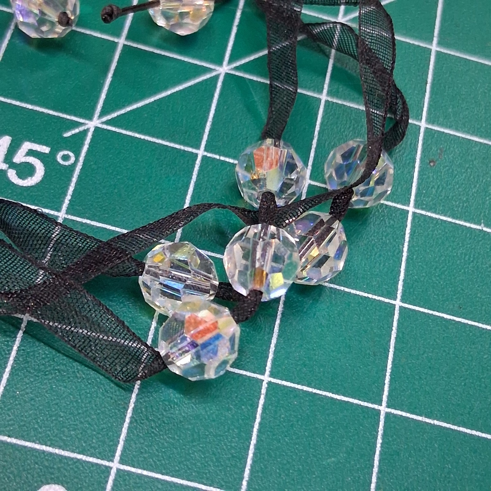 Vintage 3-Tier Clear Faceted AB Rhinestone Bead Black Sheer Ribbon Bracelet