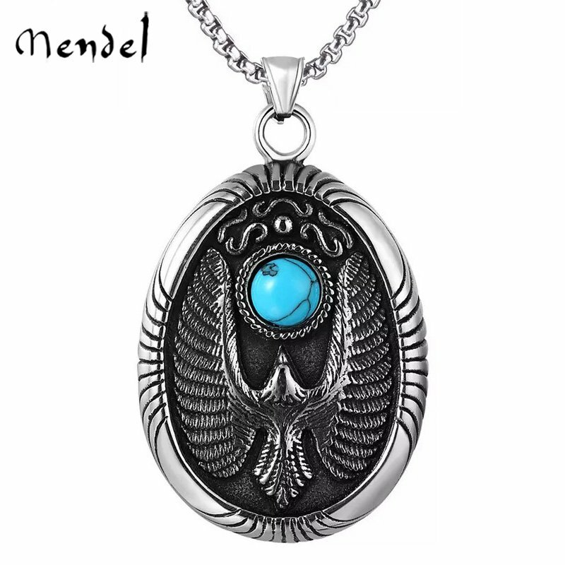 MENDEL Mens Hawk Eagle Necklace Pendant Turquoise Stainless Steel Chain Silver