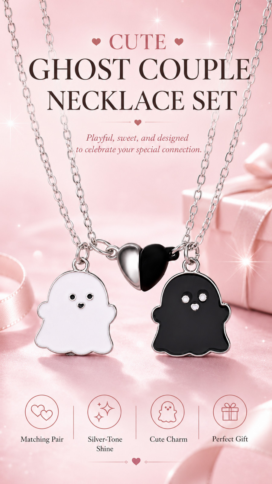 Cute Ghost Couple Necklace Set – Black & White Matching Pendant Necklace with Sp