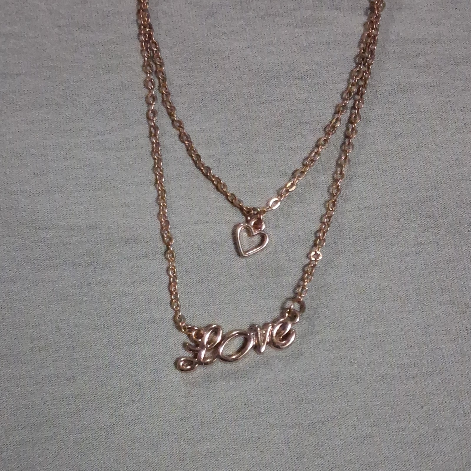 Rose Gold Tone Layered Cable Chain Necklace Love Heart Charm Pendant, Adj