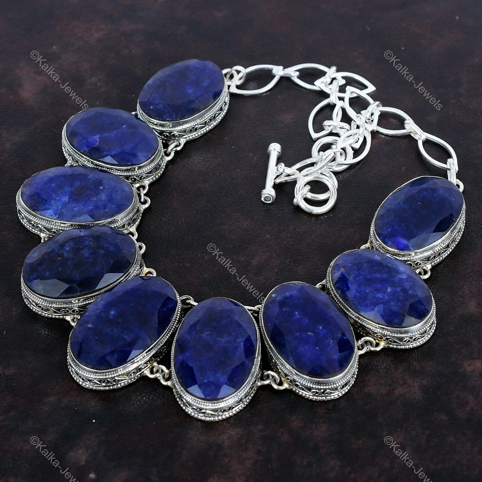 Blue Saphire Gemstone Chain Vintage Blue Adjustable Necklace 925 Silver