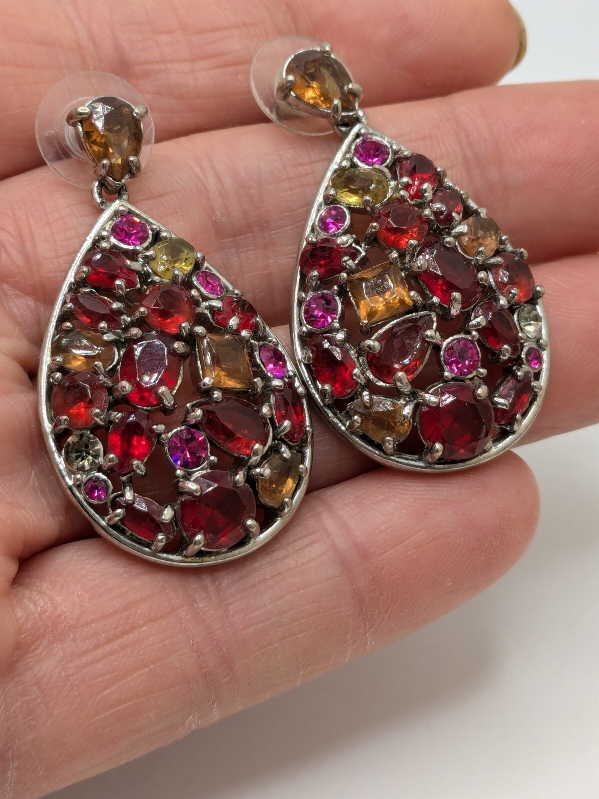 Vintage Carolee Open Back Multicolor Crystals Teardrop Pierced Earrings 2″