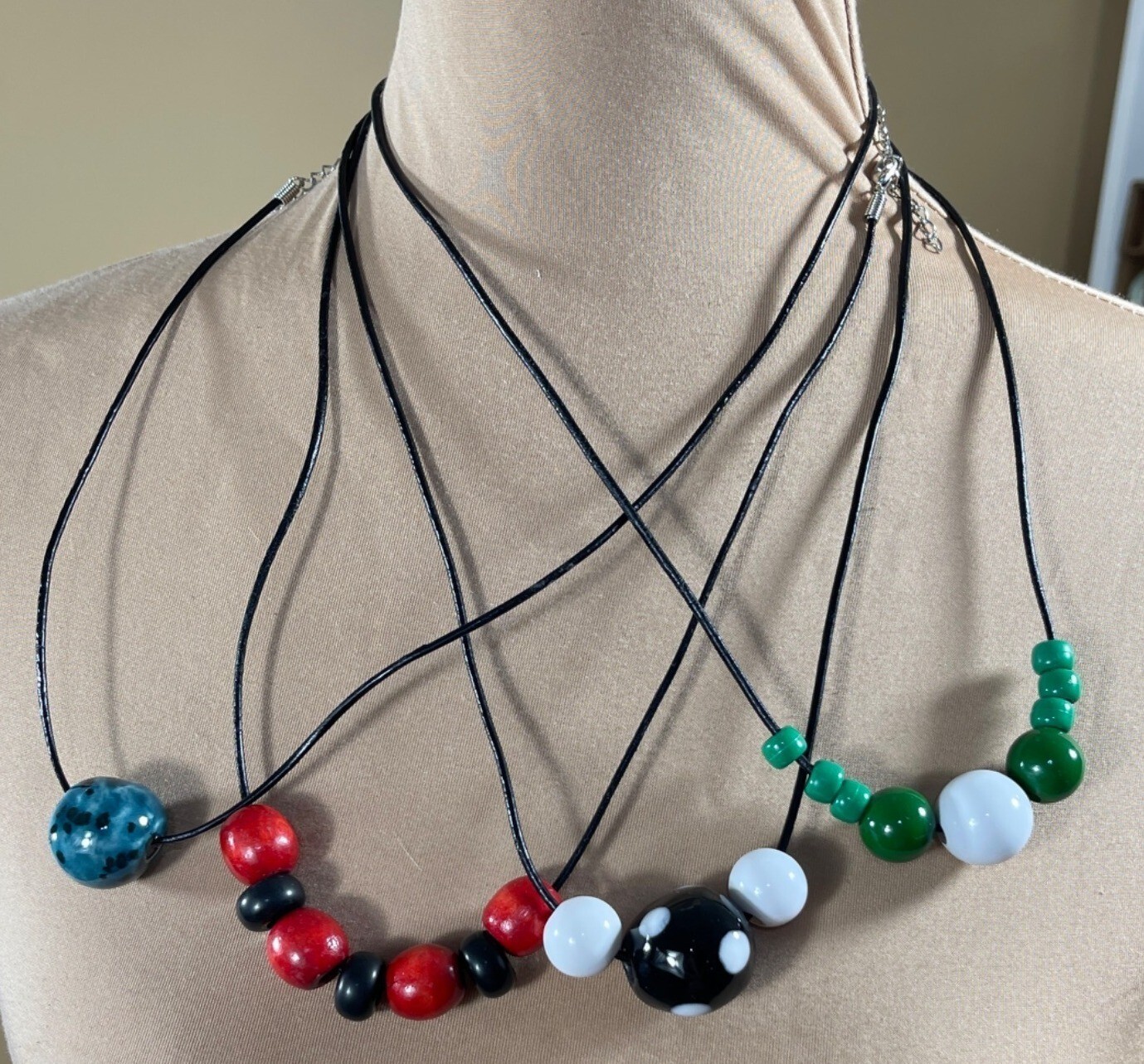 4 Beaded Necklaces Round Clasp Blue Black Red White Green
