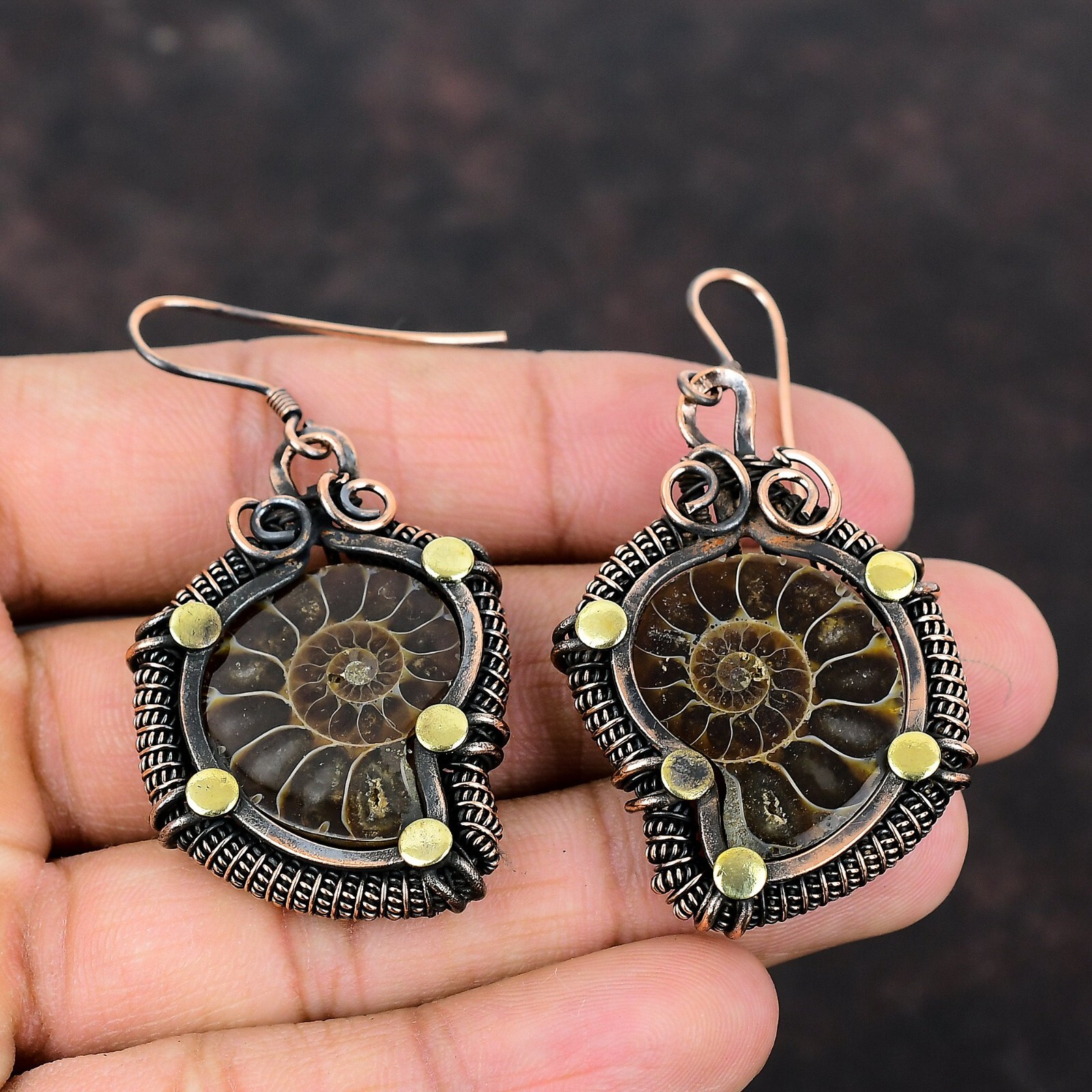 Women Day Sale Ammonite Fossil Copper Bestie Gift Wire Wrapped Earrings 2.36″