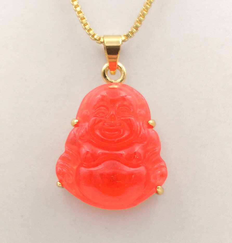 Green Multicolor Jade Laugh Maitreya Buddha 18KGP Lettering Pendant Necklace
