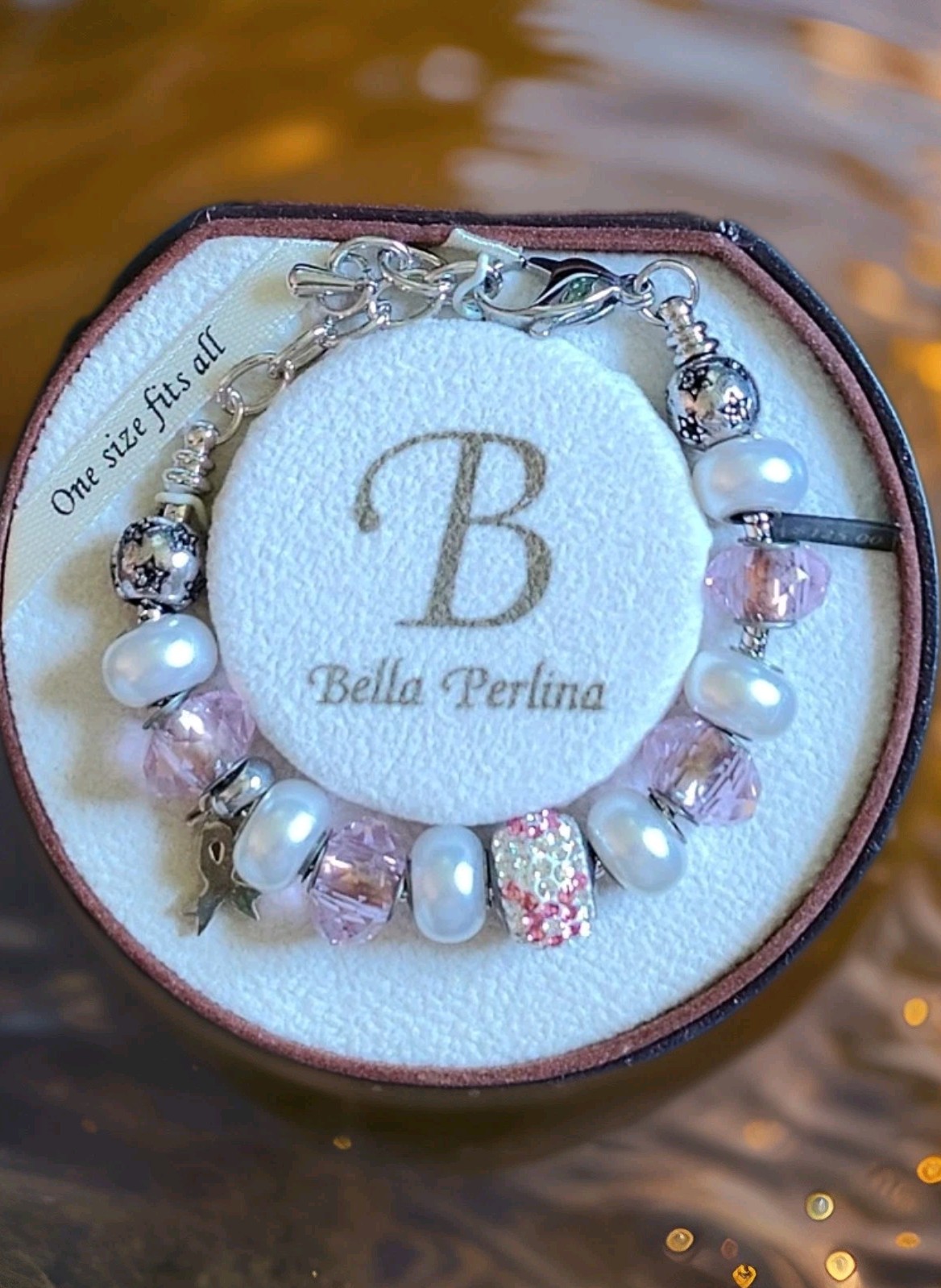 Bella Perlina Charm Bracelet Pink Crystals Pearls Adjustable Silver