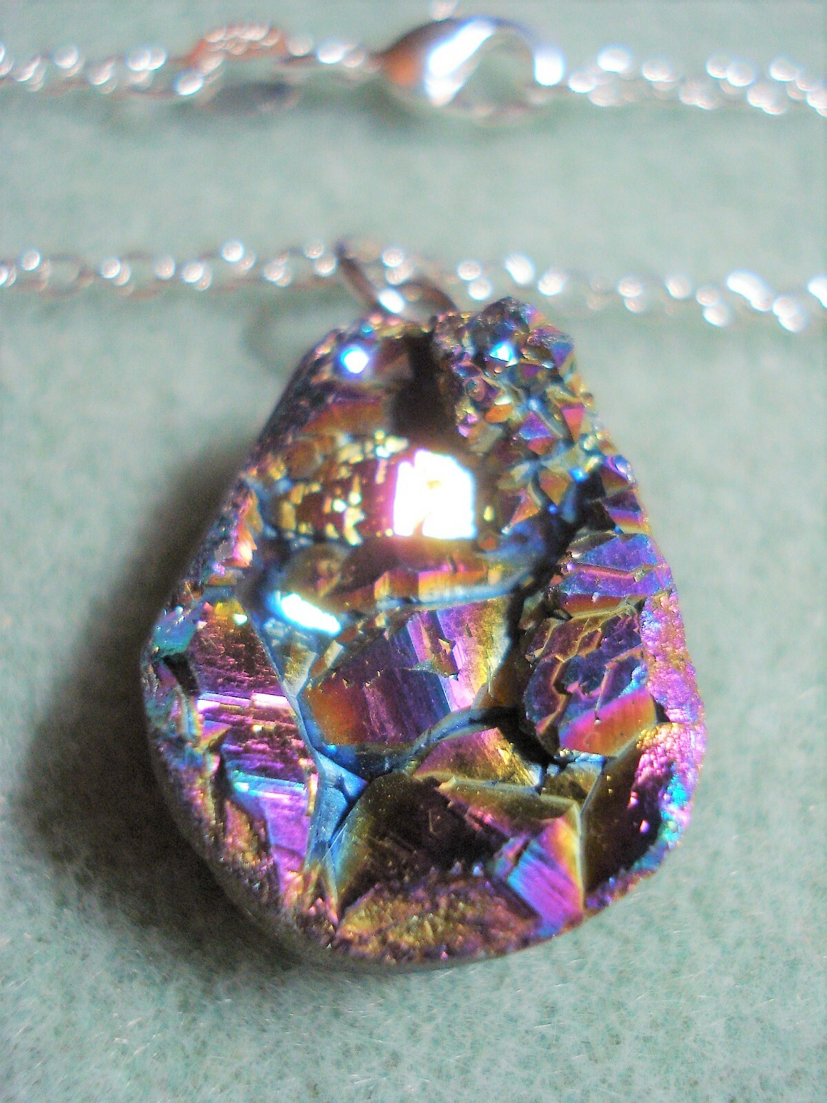 1″ x 5/8″ Sparkling Druzy in Purple, Blue, Fuschia on 18″ Sterling Necklace