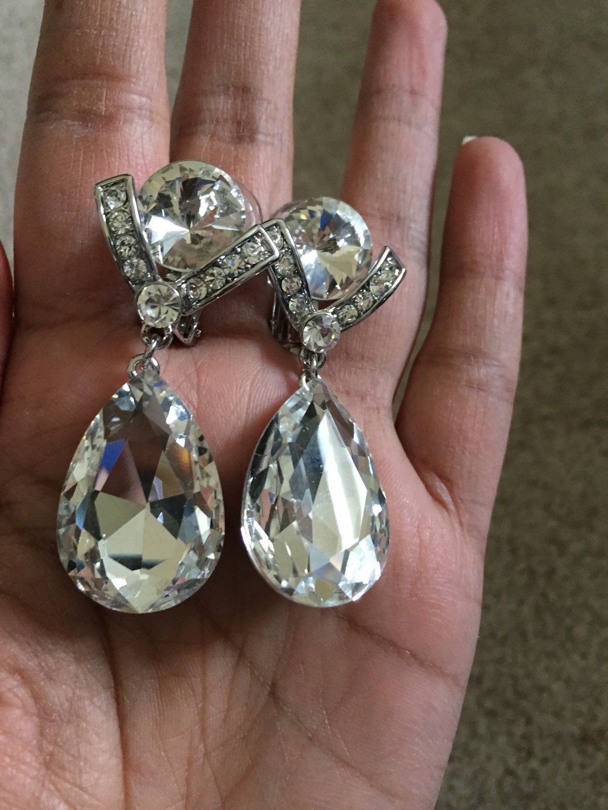2.25″ Long CLIP ON Rhinestone Crystal Clear Silver White Wedding Dangle Earrings