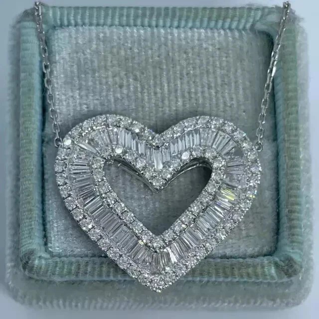 2.0Ct Baguette Cut Real Moissanite Heart Pendant 14K White Gold Plated Silver