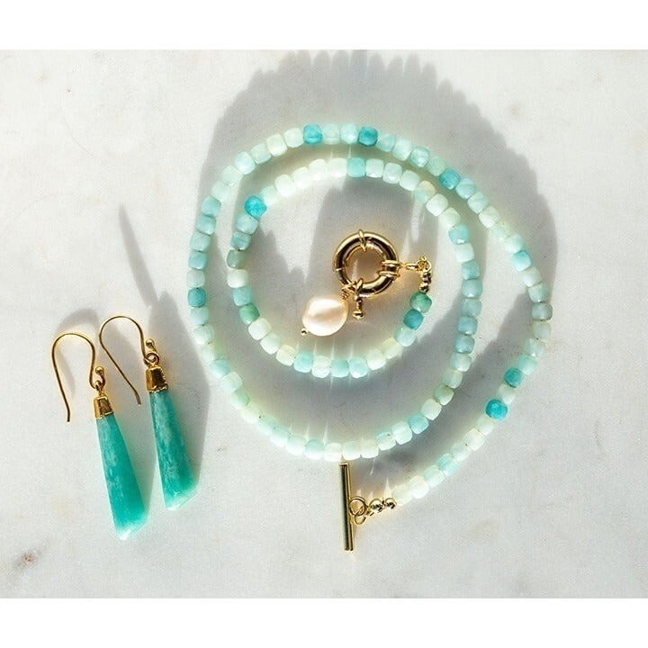Beaded Amazonite Necklace w/ Removable Pearl and Gold Toggle Clasp Non-Tarnish