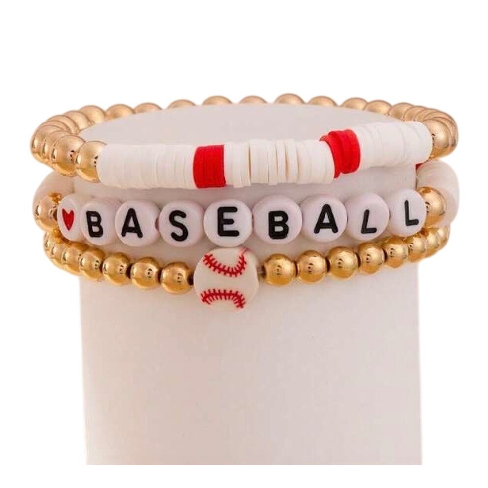 Baseball Bracelet Set Womens OS Gold White Red Beaded Stretch 3pc New