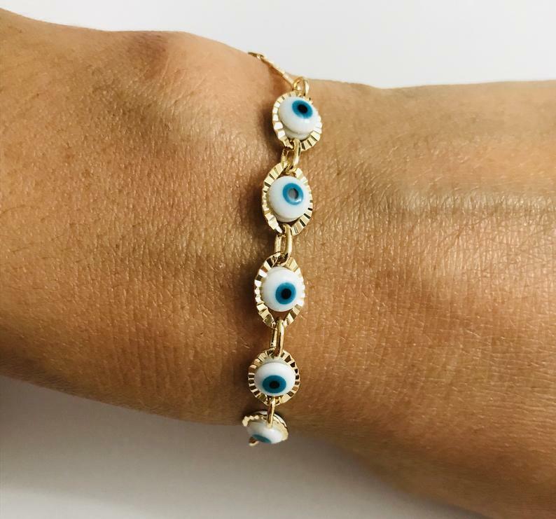 18k gold filled Evil Eye luck,protection bracelet 7.5” Adult / Pulsera ojo -B101