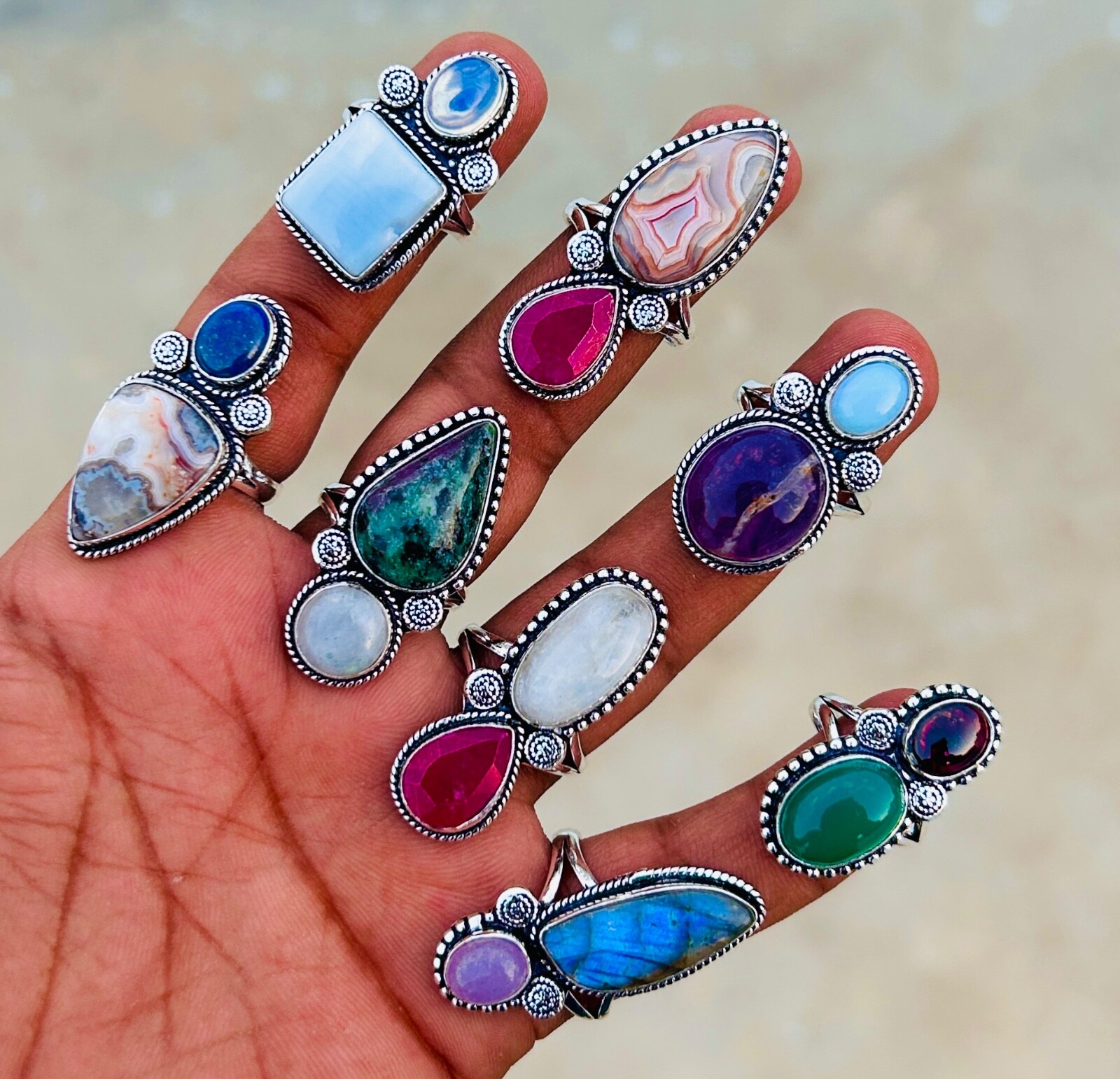 Assorted Double Gemstone Handmade Rings For Women, Wholesale Lot For Bulk Sale
