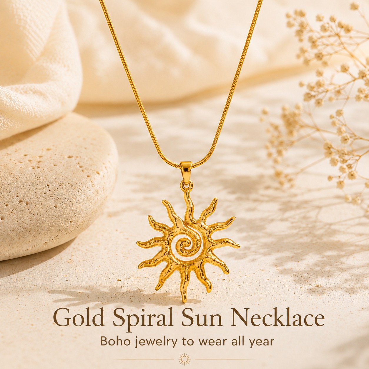 Gold Spiral Sun Necklace Stainless Steel Boho Celestial Pendant Women Jewelry