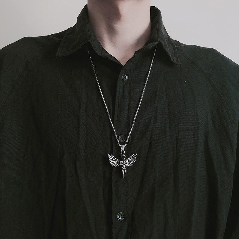 Vintage Silver Angel Wing Pendant Necklace Thin Rope 70cm Chain Men Jewelry