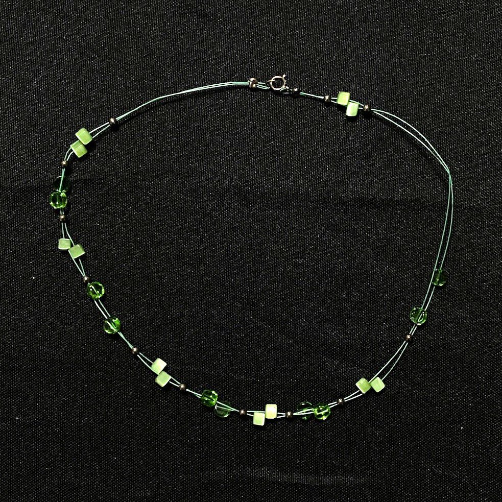 Black Green Beaded Cable Chain Necklace, Round Charm Pendant