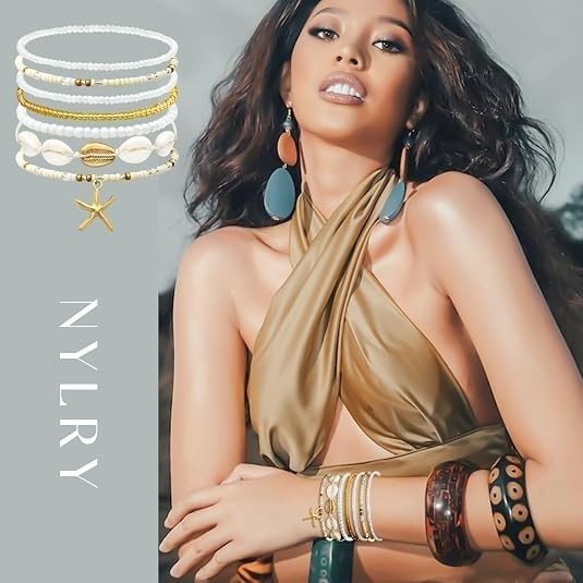 Boho Shell & Starfish Beach Bracelets Set for Women, Handmade Stretch Jewelry