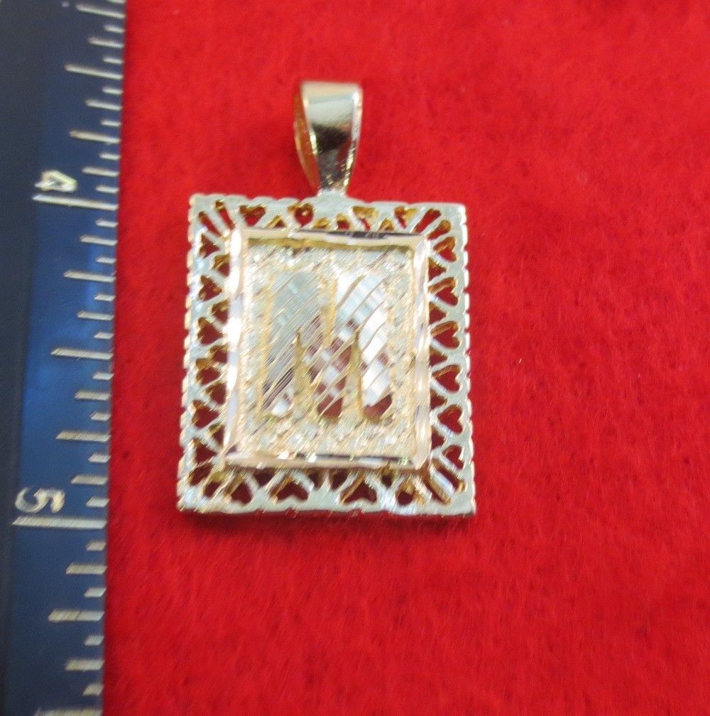 14KT GOLD EP 1 3/8 INCH FRAMED LETTER M LARGE SQUARE DIAMOND CUT INITIAL CHARM