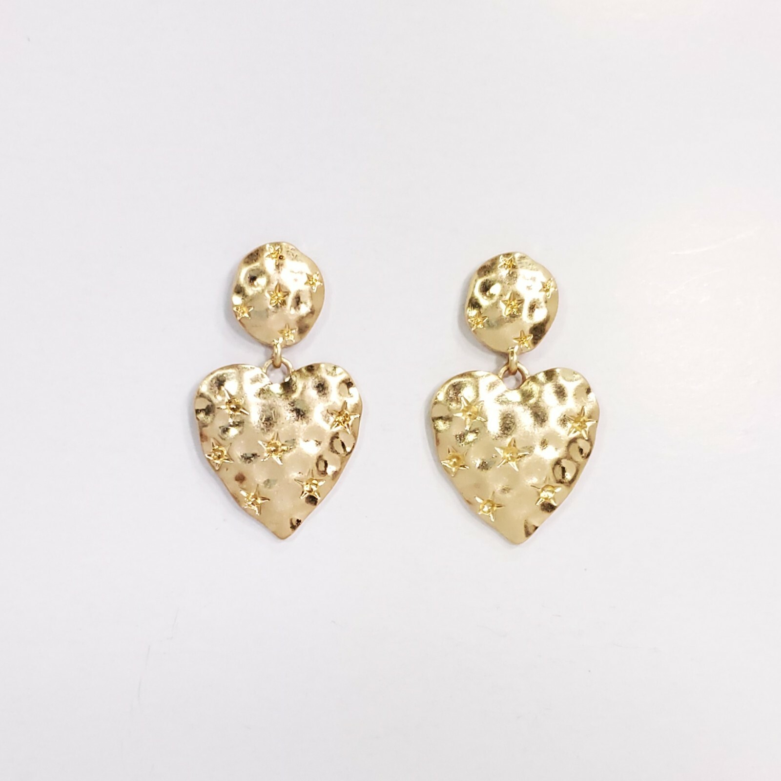 E0217 Retro Matte Gold Tone Hammered Metal Heart Love Drop Dangle Post Earrings