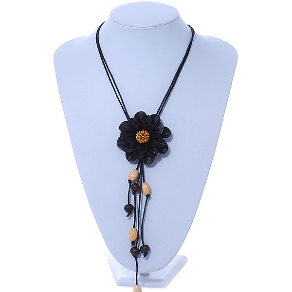 Black Leather Daisy Pendant with Long Cotton Cord – 80cm L – Adjustable