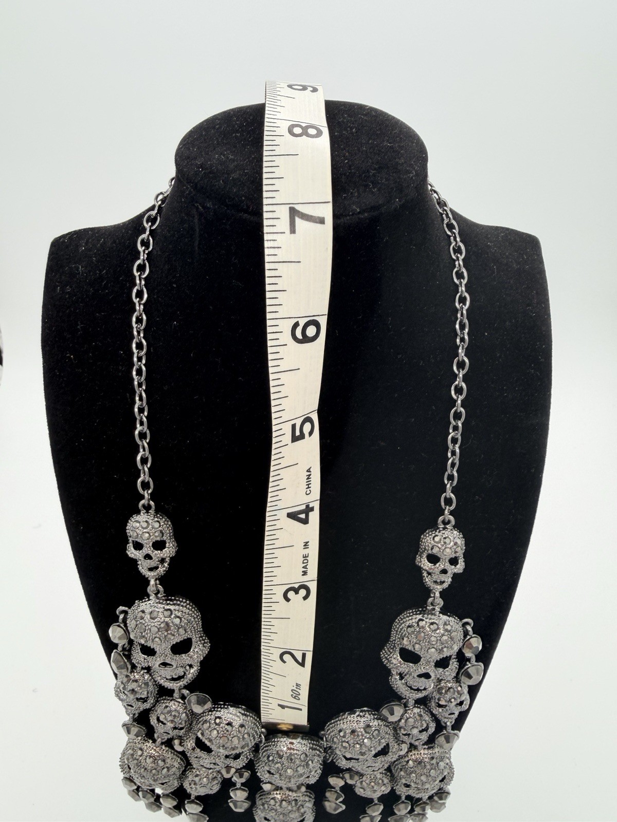 Natasha Statement Bib Necklace Gunmetal Crystal Rhinestone Skulls Gothic