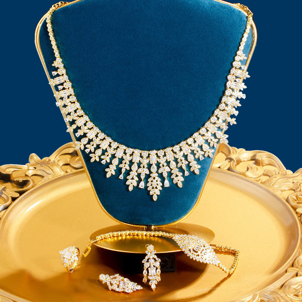 Dubai Gold Plated CZ Leaf Drop Party Necklace Earrings Bracelet Ring Jewelry Set