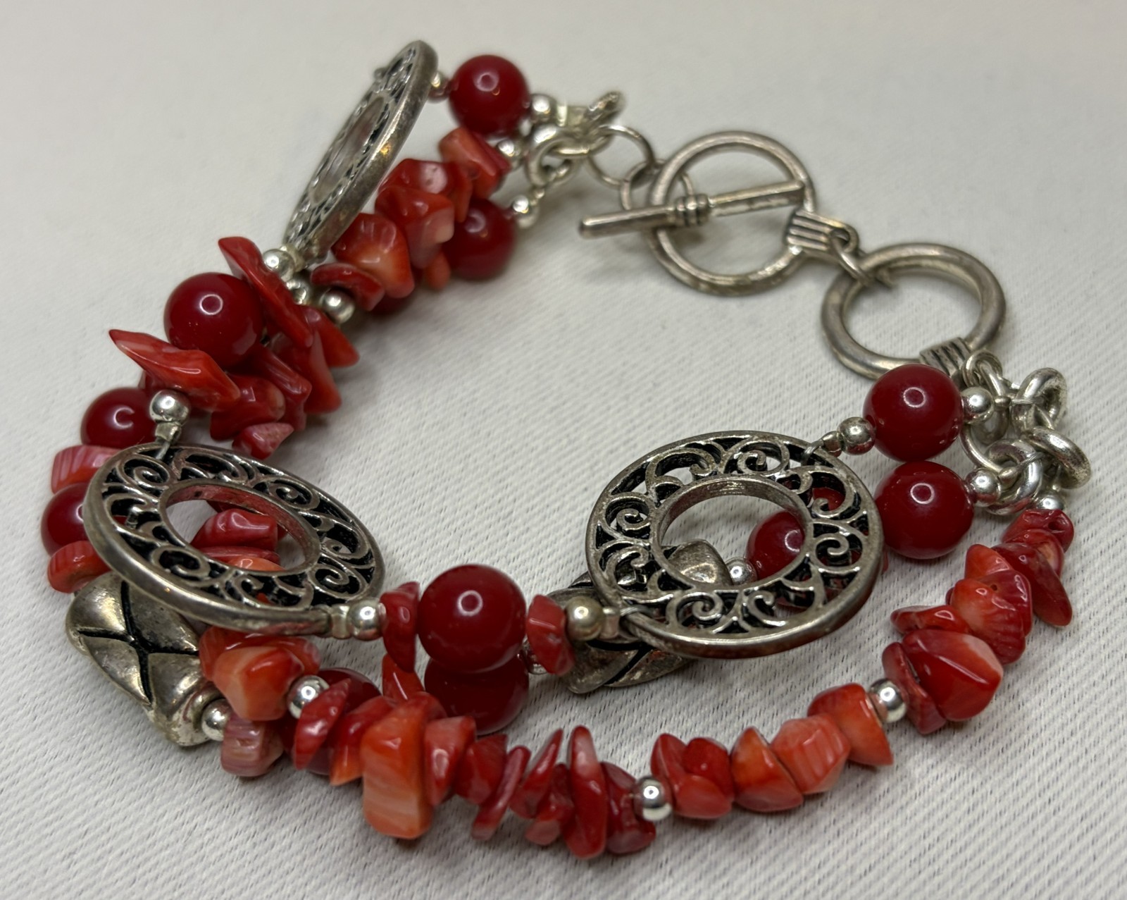 Signed Chico’s Multi Strand Red Coral Chip Bead Toggle Bracelet Silver Tone 8″