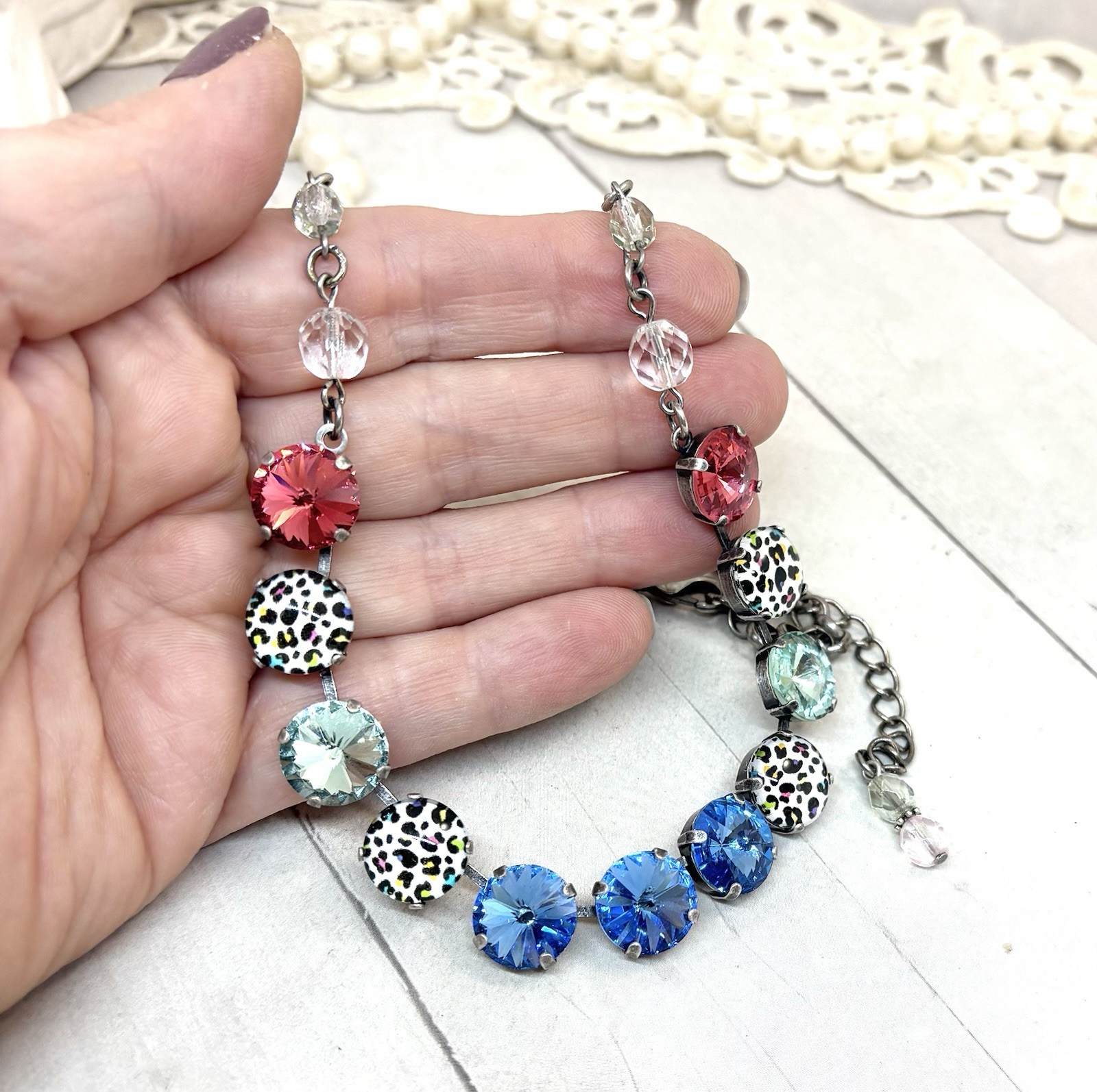 Antique Silver Rainbow Leopard Cup Chain Statement Necklace