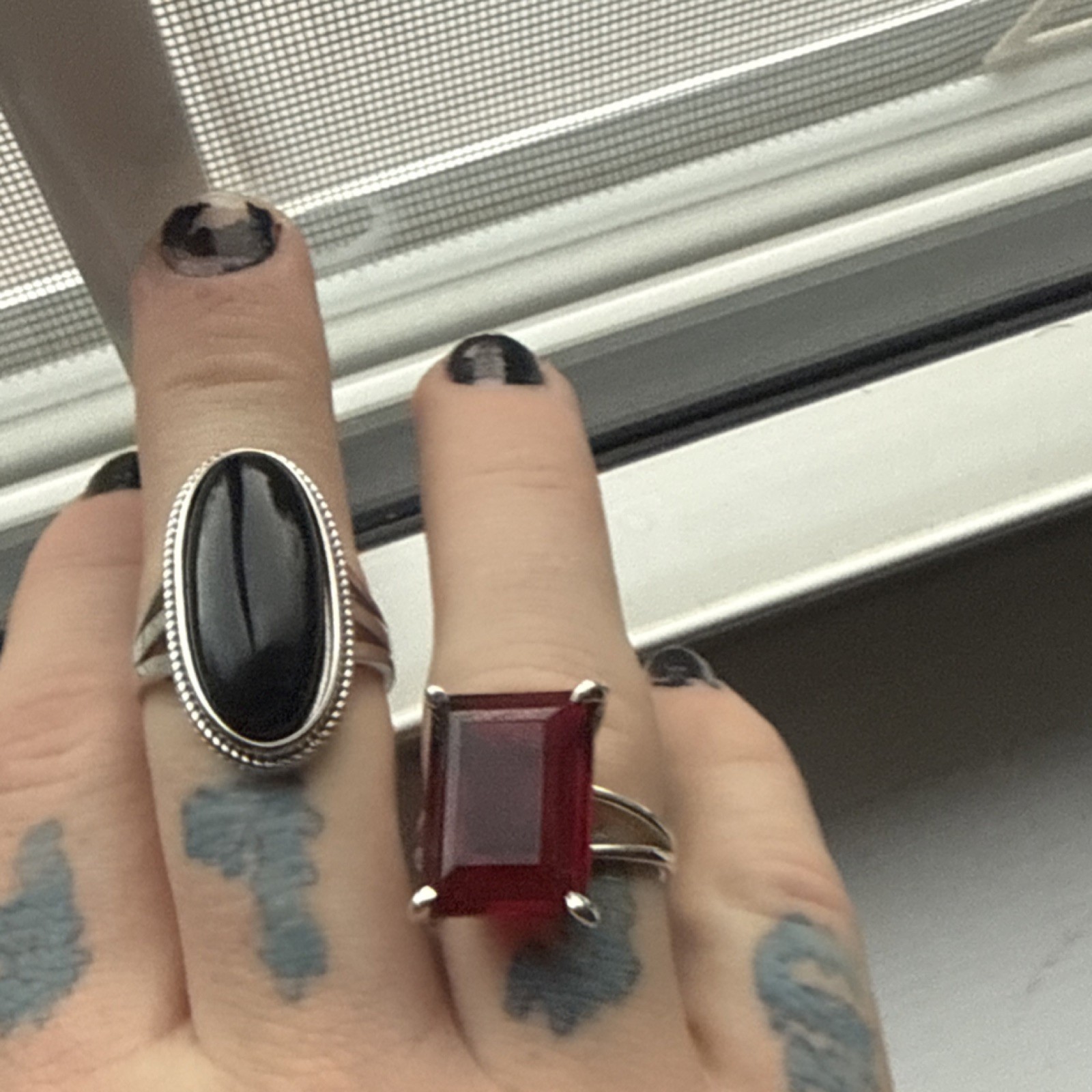 Silver Cocktail Rings Red Black Rectangle Oval Stones Prong Setting Set