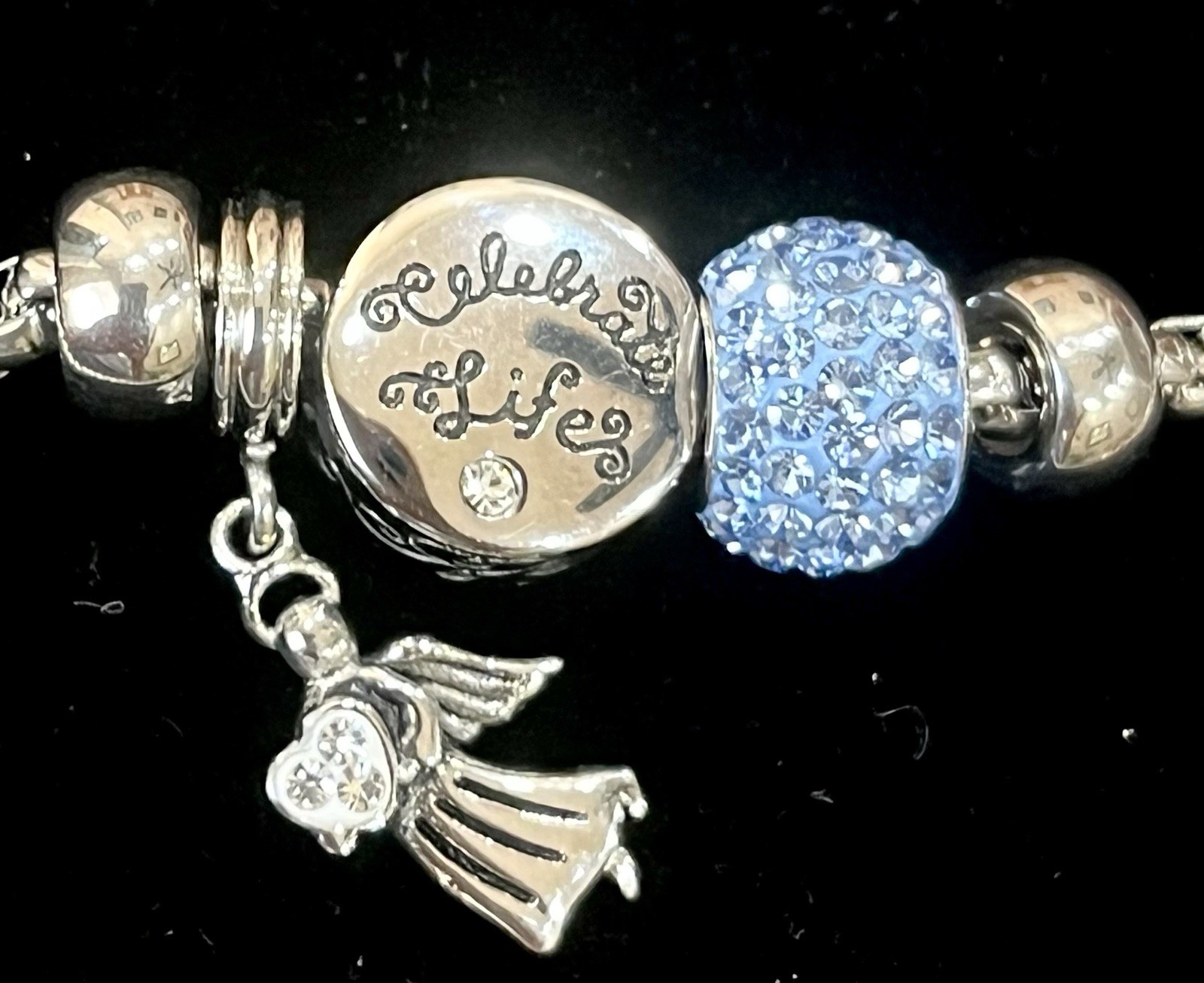 Celebrate Life Silver Charm Bracelet W/Angel & Blue Crystal Charm, 7.4 In