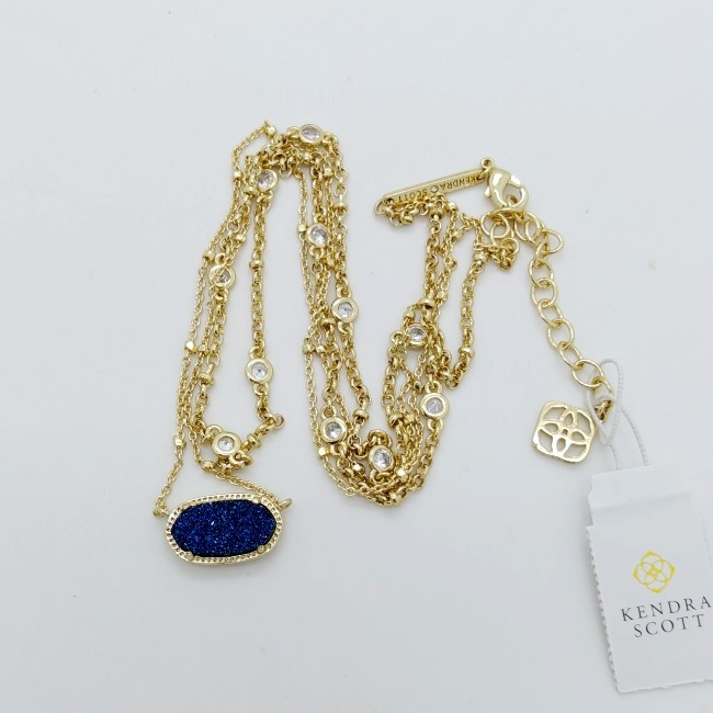 Kendra Scott Elisa Gold Crystal Multi Strand Pendant Necklace in Dark Blue Drusy