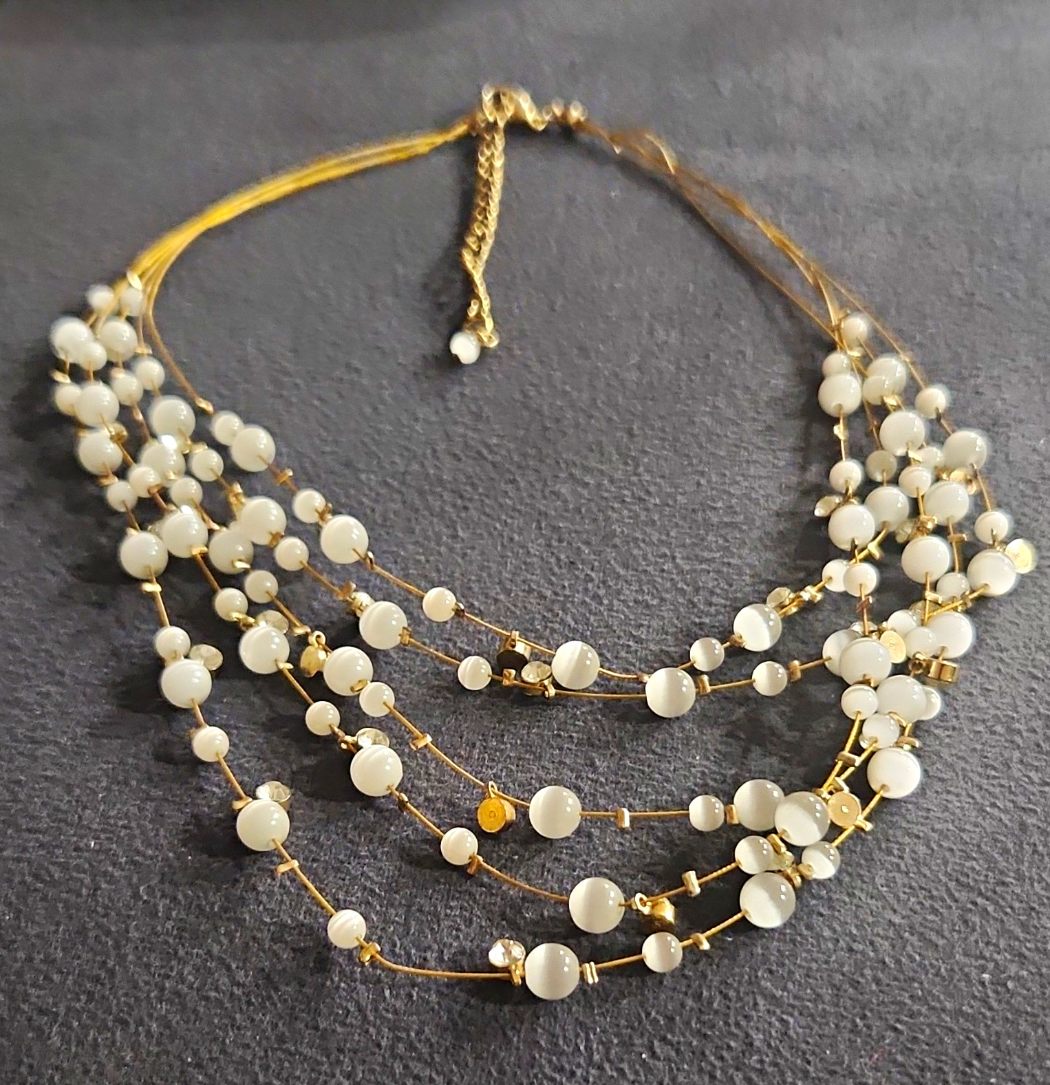 White Bead Layered Necklace Gold Tone Crystal Cable Chain Adjustable Lobster