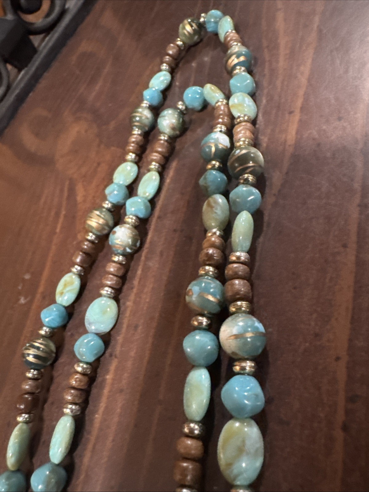 Multi Colored Beaded Necklace Turquoise Brown Blue Silver Tone Southwest 40”