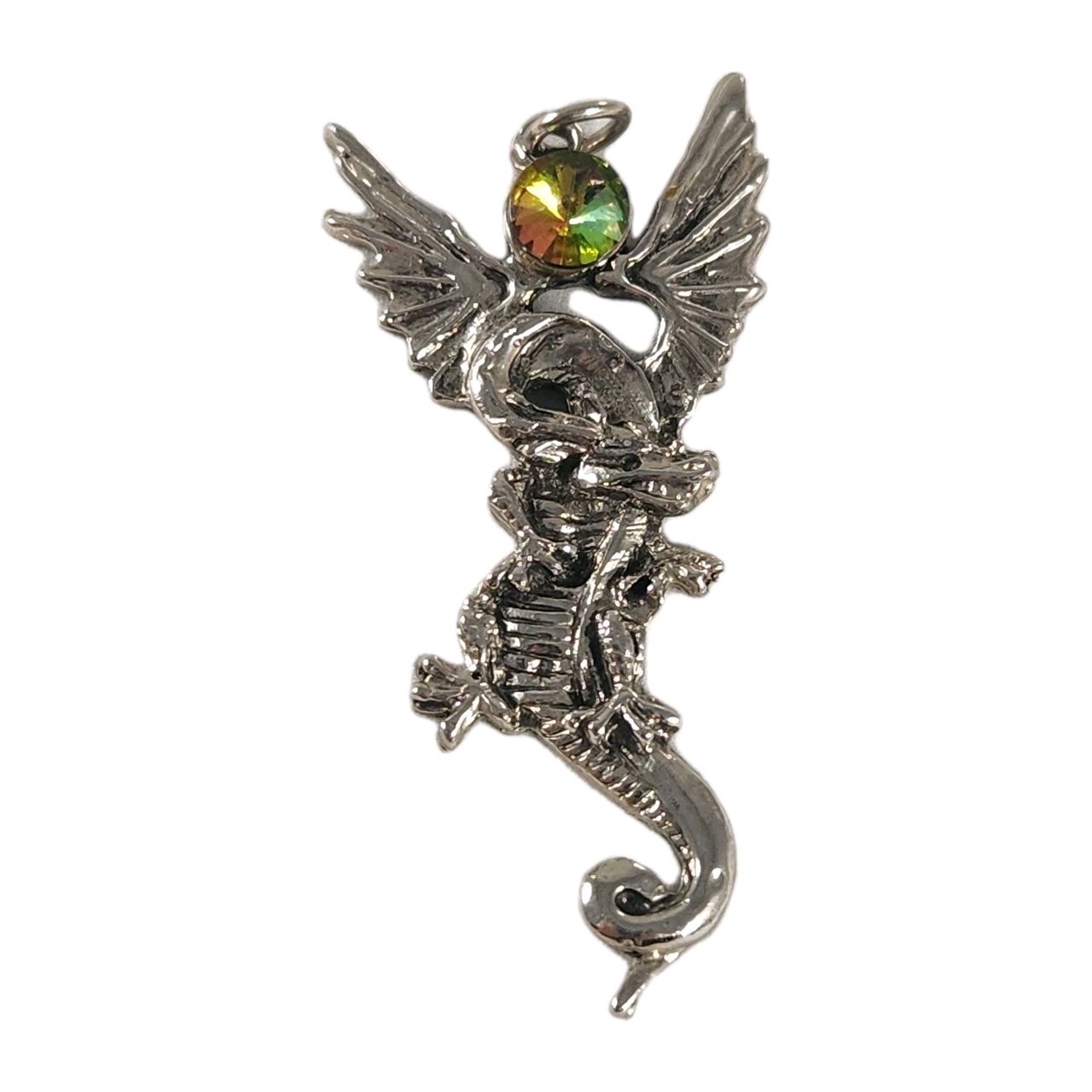 1990s Winged Dragon w/ Crystal Pendant Fantasy Gothic 2.25″x1″ Metal Alloy