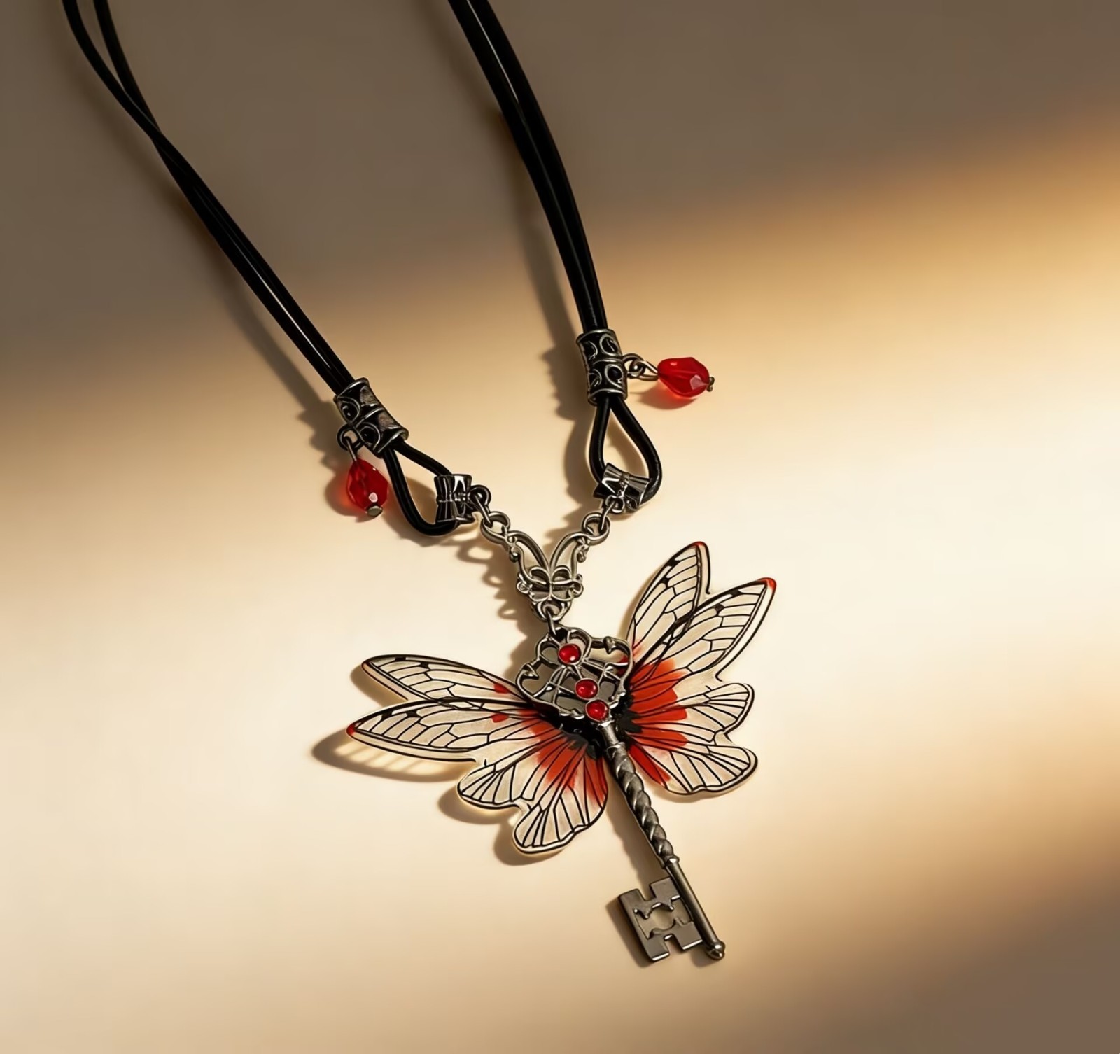 Women Silver Plated Alloy Hollow Dragonfly Key CZ Hanging PU Choker Necklace