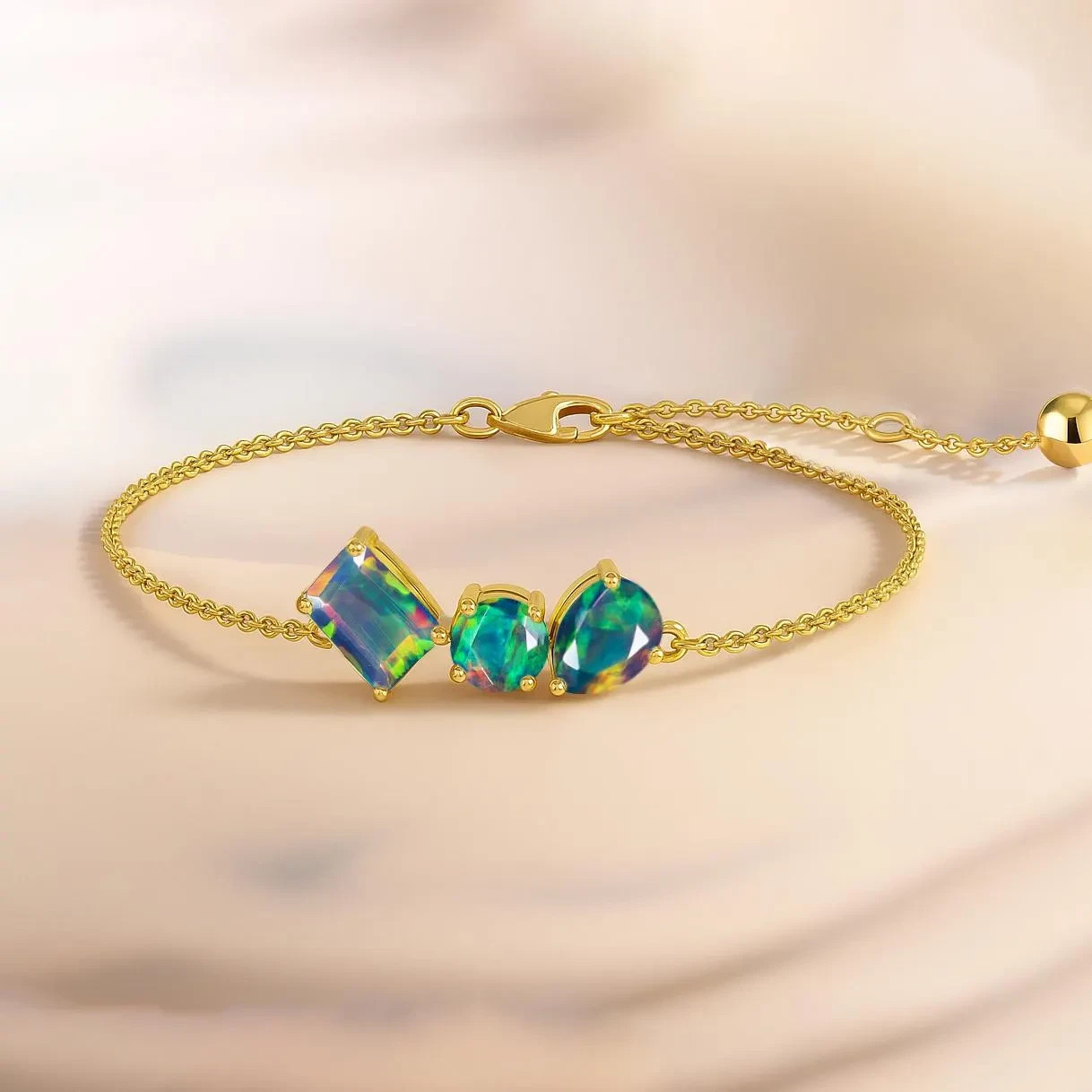 Fire Black Opal Three Stone Chain Bracelet – 925 Sterling Silver Chain Bracelet