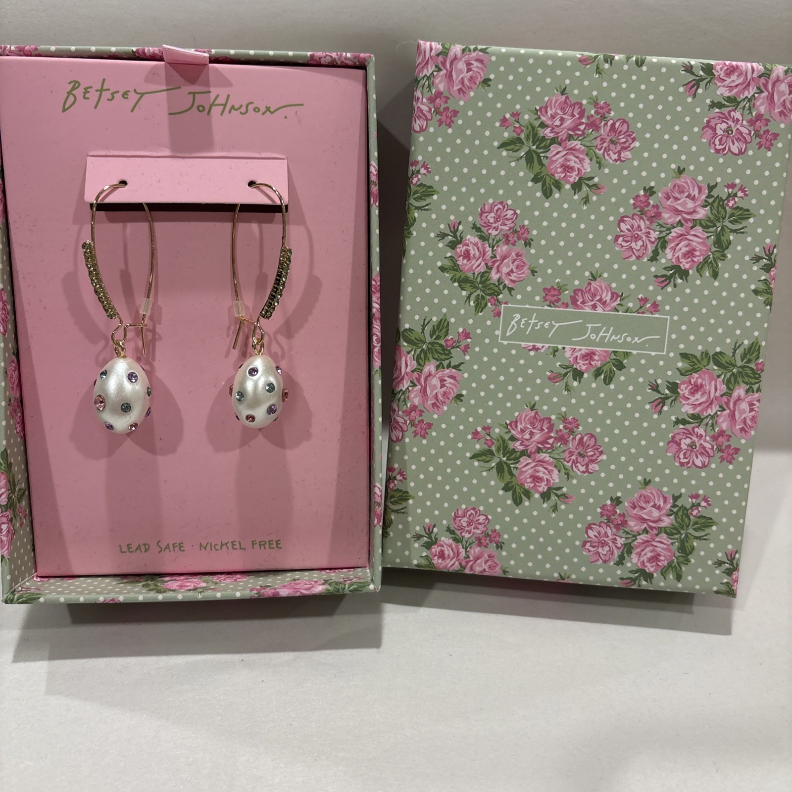 Betsey Johnson Pearlescent Spring Easter Egg Drop Earrings,NEW IN BOX