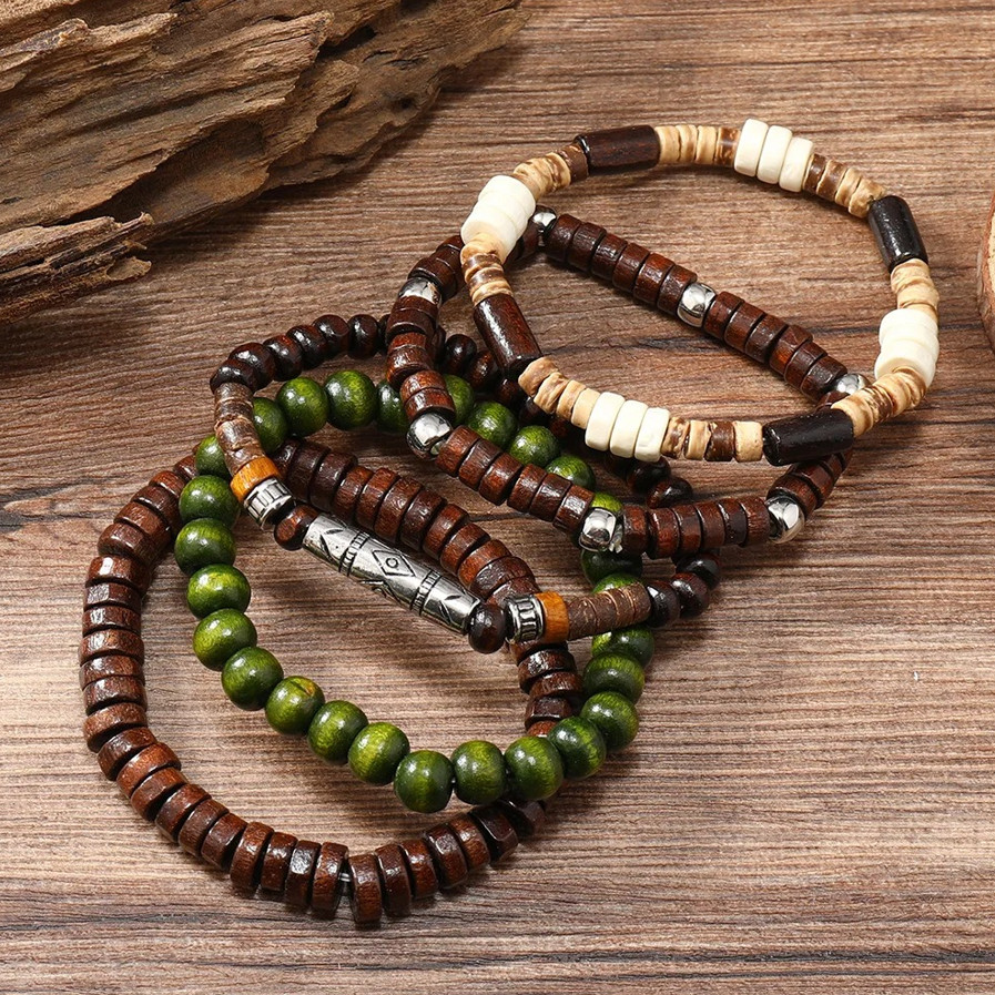1Set Men’s Retro Multi-Layer Wooden Bead Bracelet Set with Coconut Shell – NEW