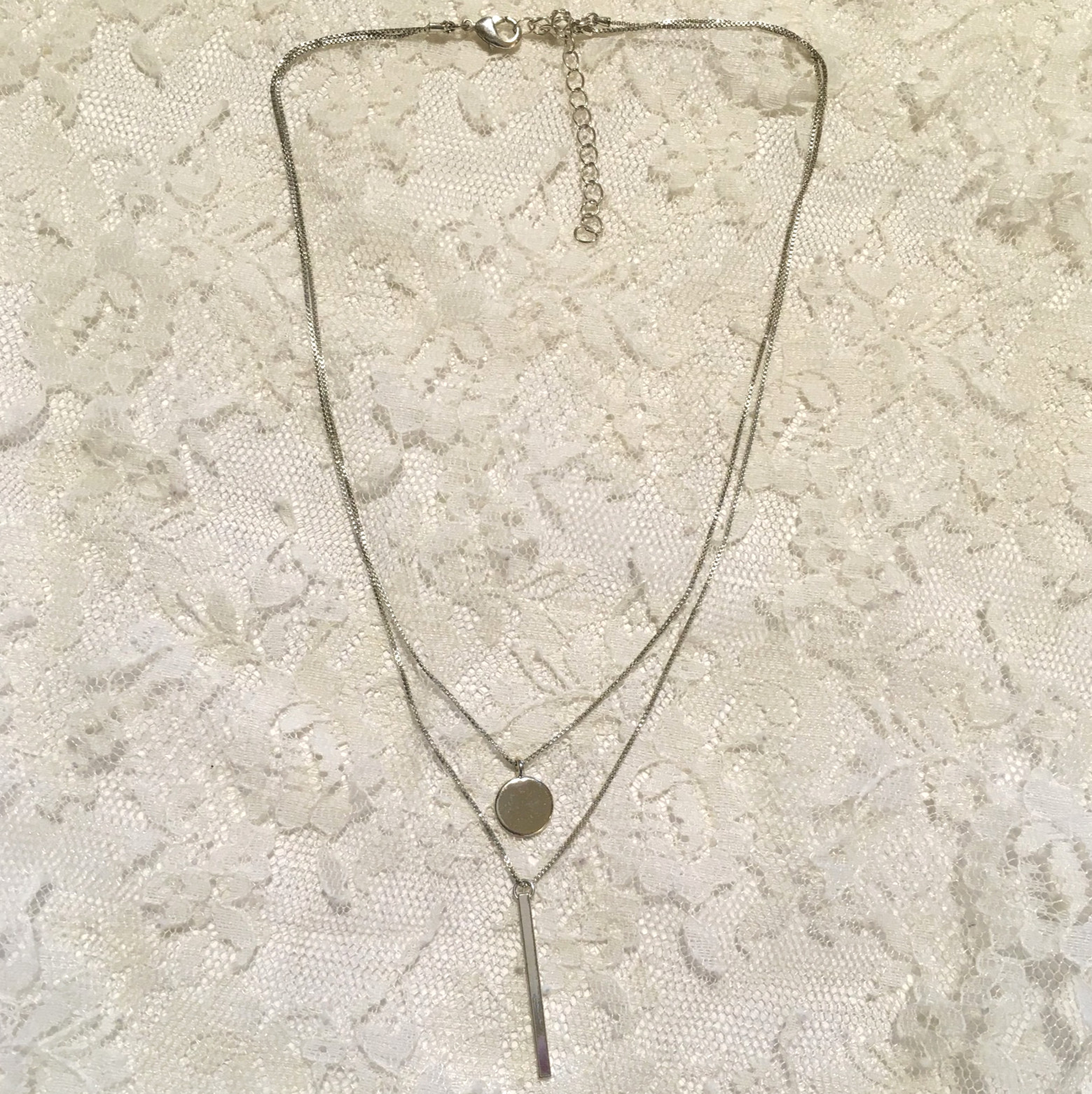 Silver Tone 2 Chain Layered Pendant Necklace Lariat Style 18″ Minimalist