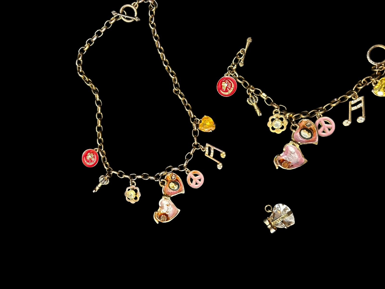 VTG Juicy Couture 7 Charms Necklace & Bracelet Set Hearts Peace Music Note READ