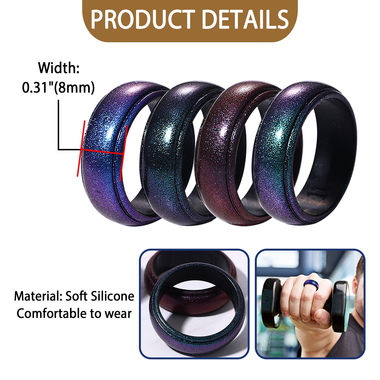Men’s 4PCs 8MM Gradient Sporty Stackable Wedding Silicone Ring Rubber Band