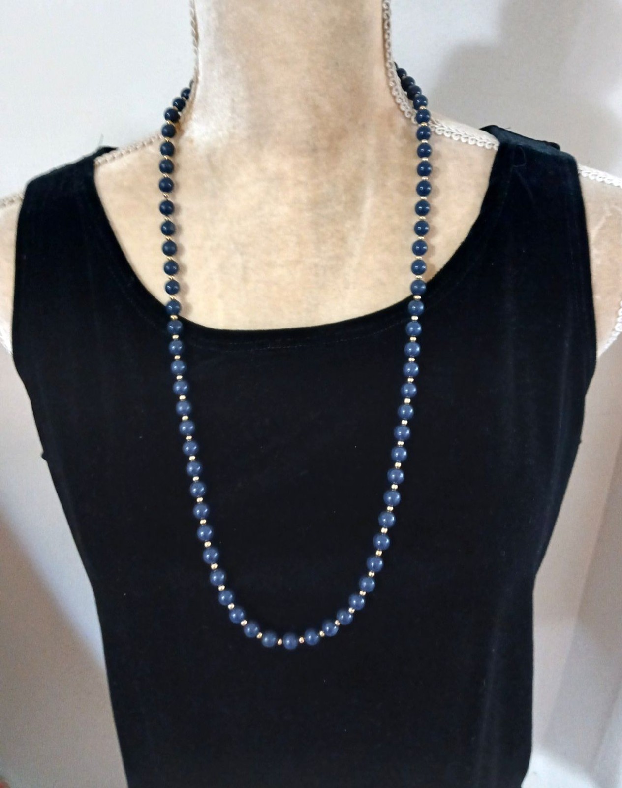Monet Royal Blue Beaded Necklace 30″ Gold Tone Spacer Beads Classic Lightweight